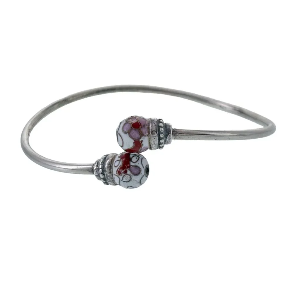 Vintage Sterling Silver 925 Cloisonné Floral Bead Cuff Bracelet 6.5